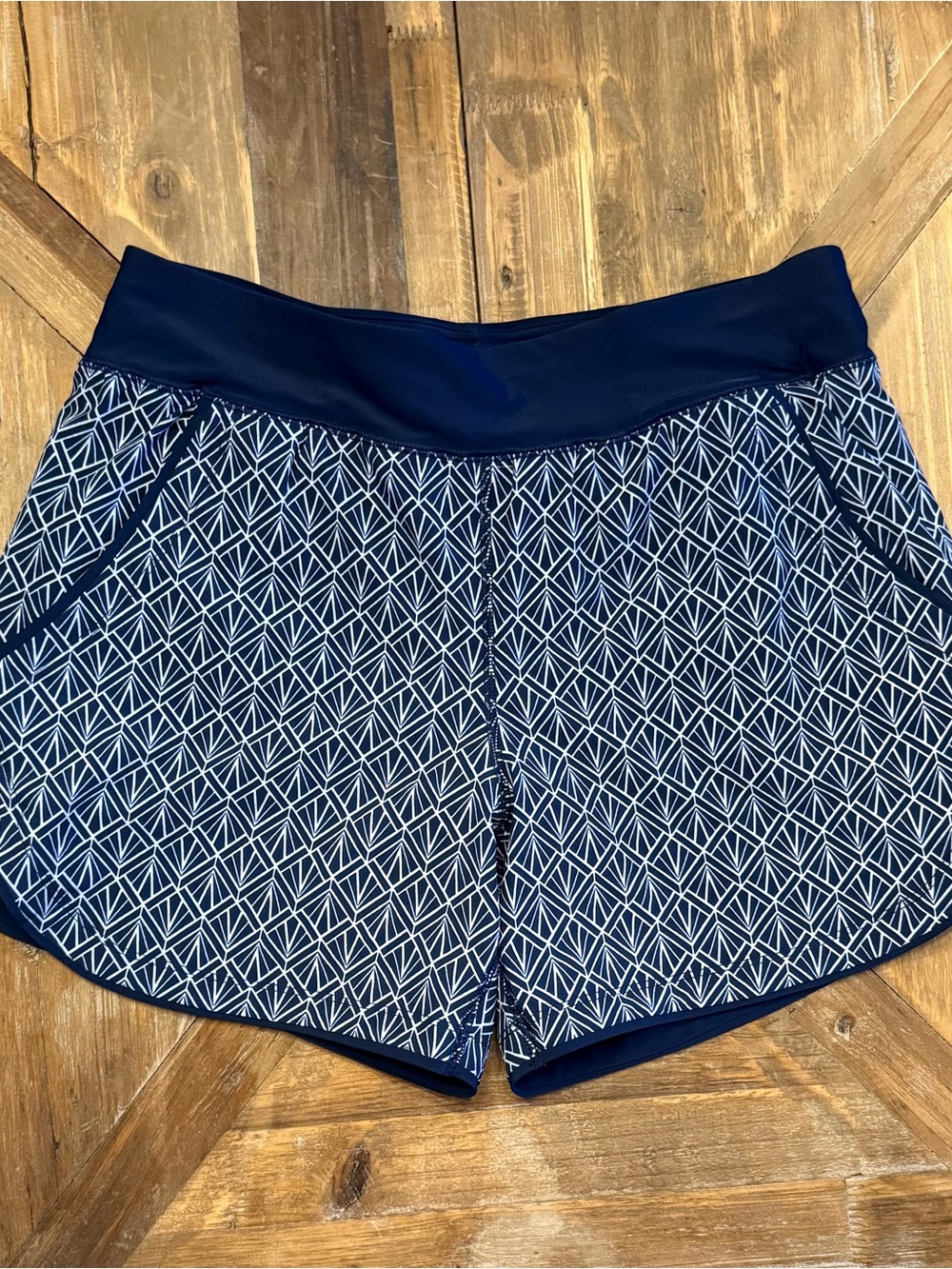 Lands' End Navy and White Geometric Swim Shorts 10